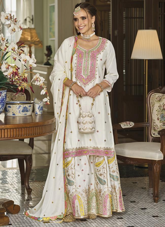 Chinnon White Wedding Wear Embroidery Work Readymade Plazzo Suit